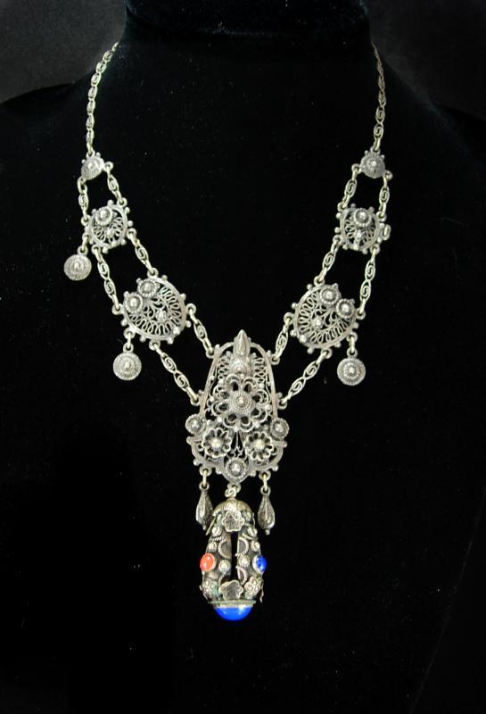 Antique Etruscan necklace Sterling fob Girandole coral lapis stones Georgian jewelry vintage grand statement necklace