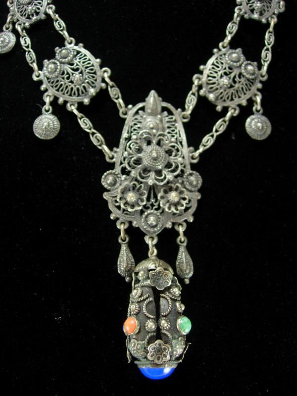 Antique Etruscan necklace Sterling fob Girandole coral lapis stones Georgian jewelry vintage grand statement necklace
