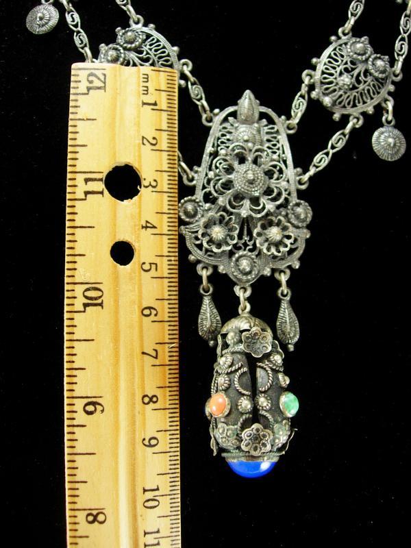 Antique Etruscan necklace Sterling fob Girandole coral lapis stones Georgian jewelry vintage grand statement necklace