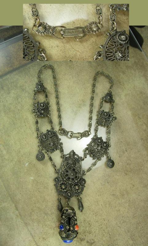 Antique Etruscan necklace Sterling fob Girandole coral lapis stones Georgian jewelry vintage grand statement necklace