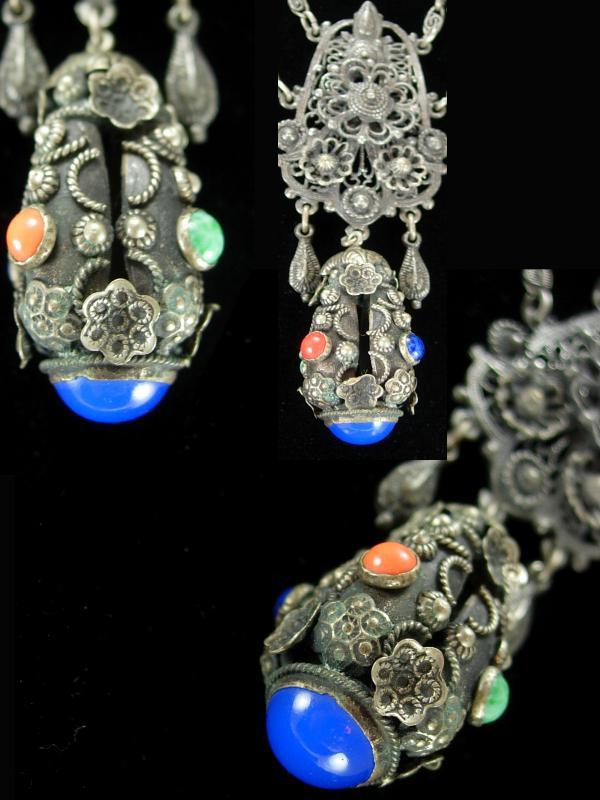 Antique Etruscan necklace Sterling fob Girandole coral lapis stones Georgian jewelry vintage grand statement necklace