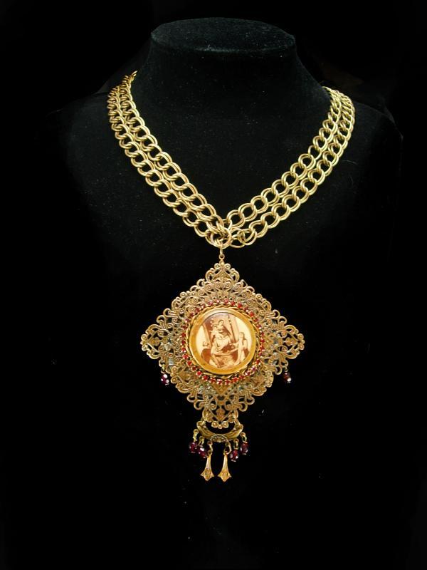 Vintage French Necklace LARGE religious antique icon Red garnet victorian portrait necklace BIG statement necklace