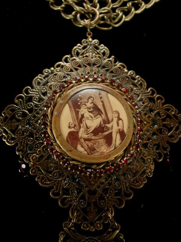 Vintage French Necklace LARGE religious antique icon Red garnet victorian portrait necklace BIG statement necklace
