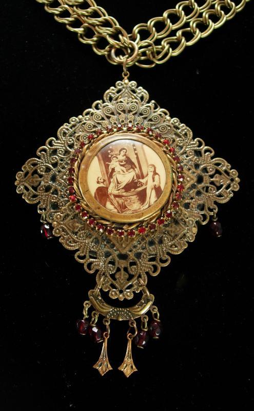 Vintage French Necklace LARGE religious antique icon Red garnet victorian portrait necklace BIG statement necklace