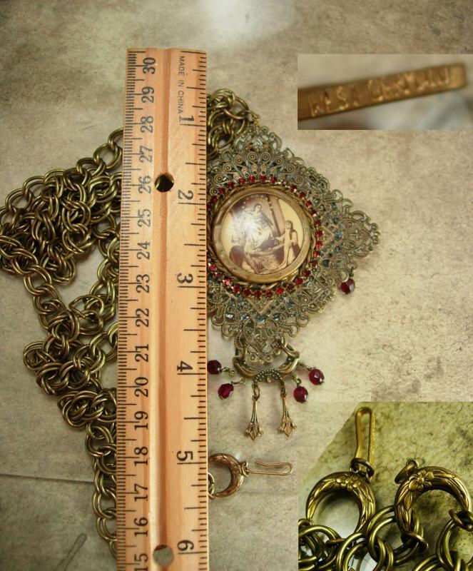 Vintage French Necklace LARGE religious antique icon Red garnet victorian portrait necklace BIG statement necklace