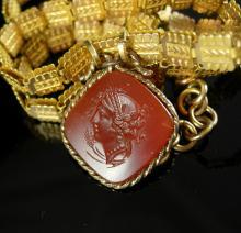 Victorian bookchain Necklace Carnelian intaglio cameo medusa ornate gold chain antique estate jewelry