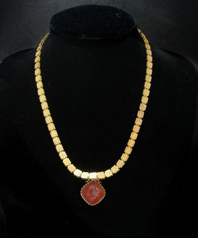 Victorian bookchain Necklace Carnelian intaglio cameo medusa ornate gold chain antique estate jewelry