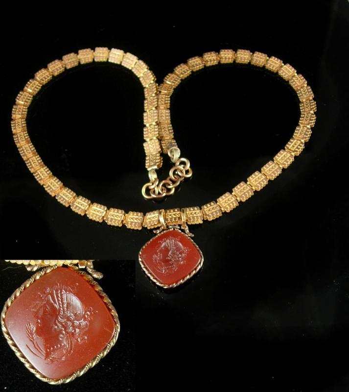 Victorian bookchain Necklace Carnelian intaglio cameo medusa ornate gold chain antique estate jewelry
