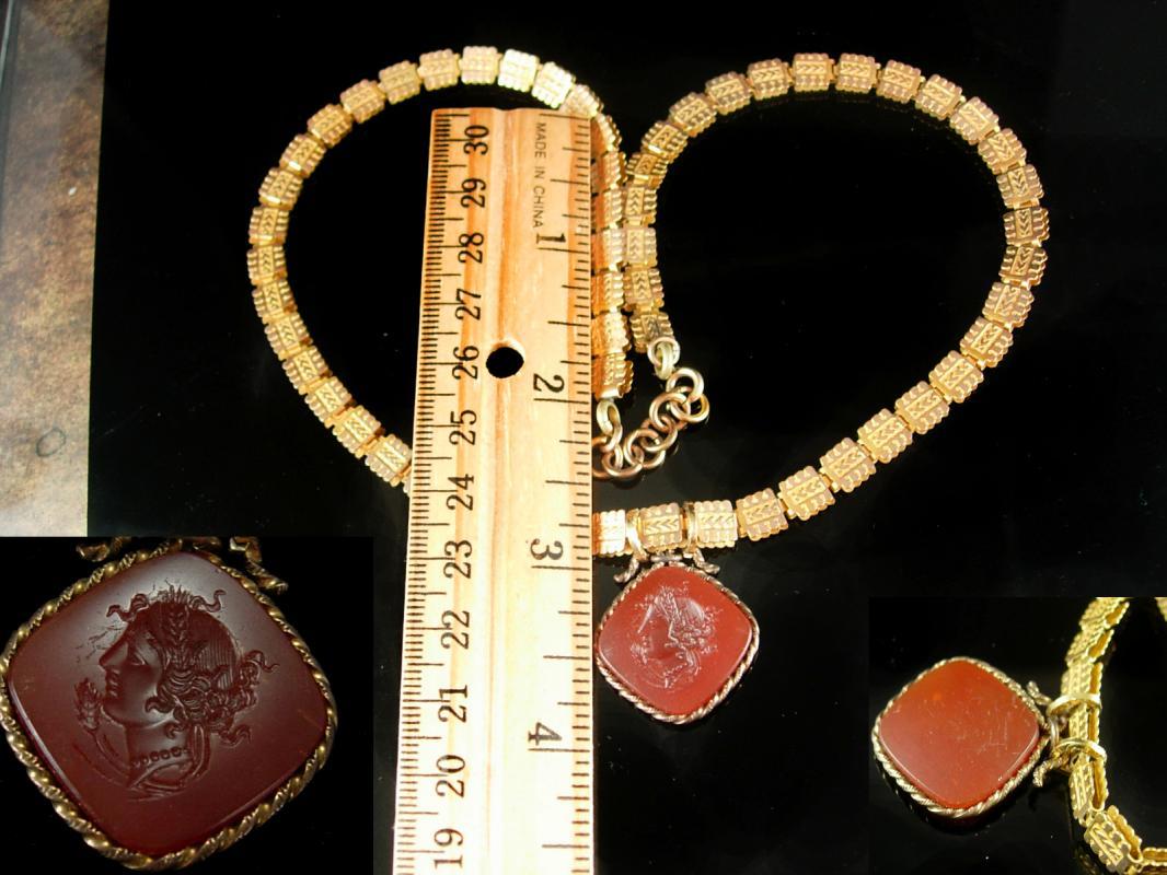Victorian bookchain Necklace Carnelian intaglio cameo medusa ornate gold chain antique estate jewelry