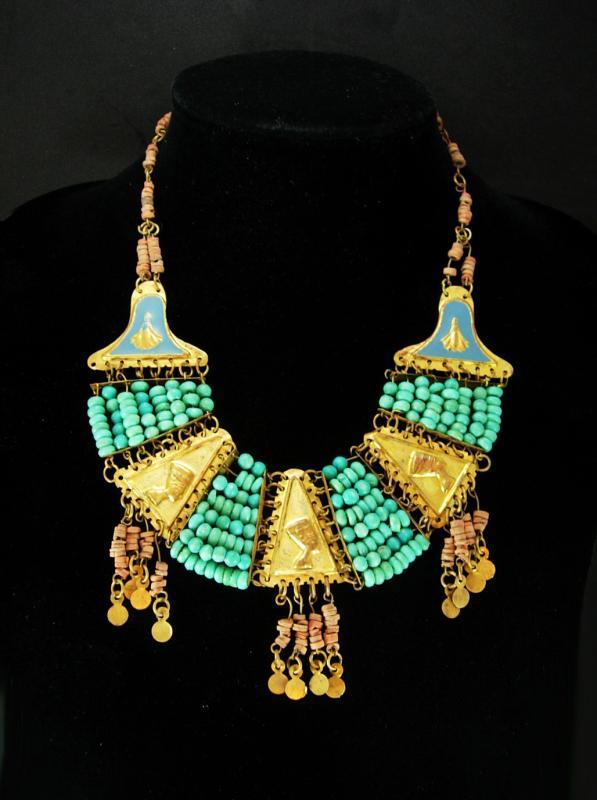 Vintage Egyptian revival necklace Turquoise deco 1920's Egypt Cleopatra jewelry HEAD enamel Collar Queen NEFERTITI