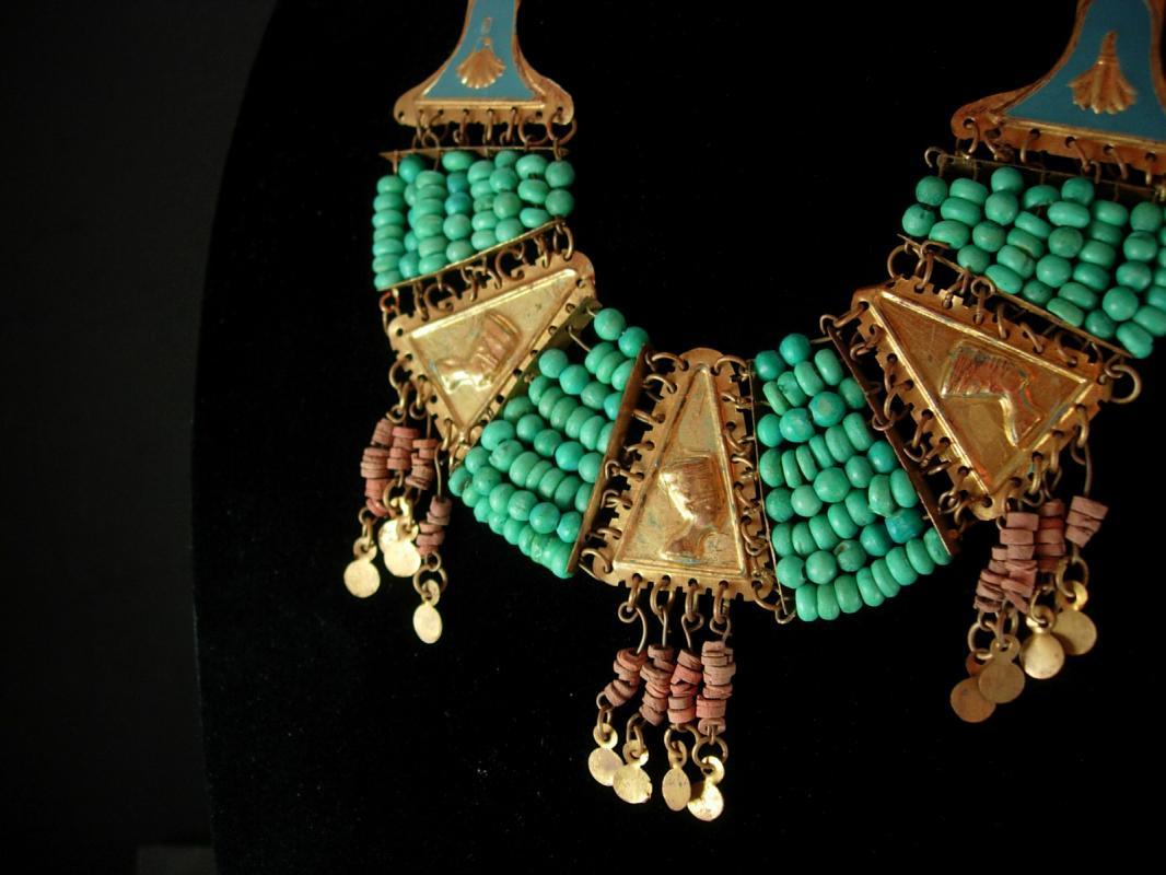 Vintage Egyptian revival necklace Turquoise deco 1920's Egypt Cleopatra jewelry HEAD enamel Collar Queen NEFERTITI