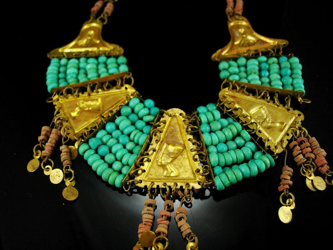 Vintage Egyptian revival necklace Turquoise deco 1920's Egypt Cleopatra jewelry HEAD enamel Collar Queen NEFERTITI