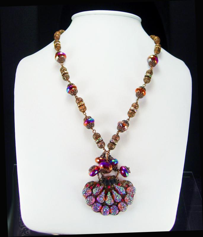 Vintage Lava Glass Filigree Necklace Fire like colors Sugar stones Purple pink Germany clasp rhinestone rondells Peacock colors