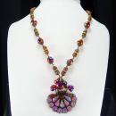 Vintage Lava Glass Filigree Necklace Fire like colors Sugar stones Purple pink Germany clasp rhinestone rondells Peacock colors