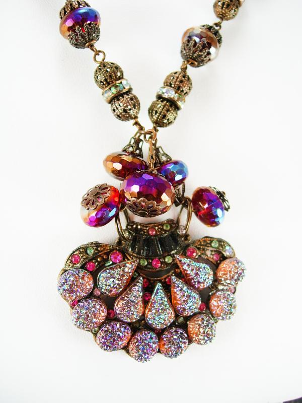 Vintage Lava Glass Filigree Necklace Fire like colors Sugar stones Purple pink Germany clasp rhinestone rondells Peacock colors