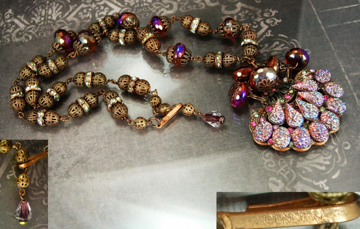 Vintage Lava Glass Filigree Necklace Fire like colors Sugar stones Purple pink Germany clasp rhinestone rondells Peacock colors