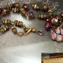 Vintage Lava Glass Filigree Necklace Fire like colors Sugar stones Purple pink Germany clasp rhinestone rondells Peacock colors