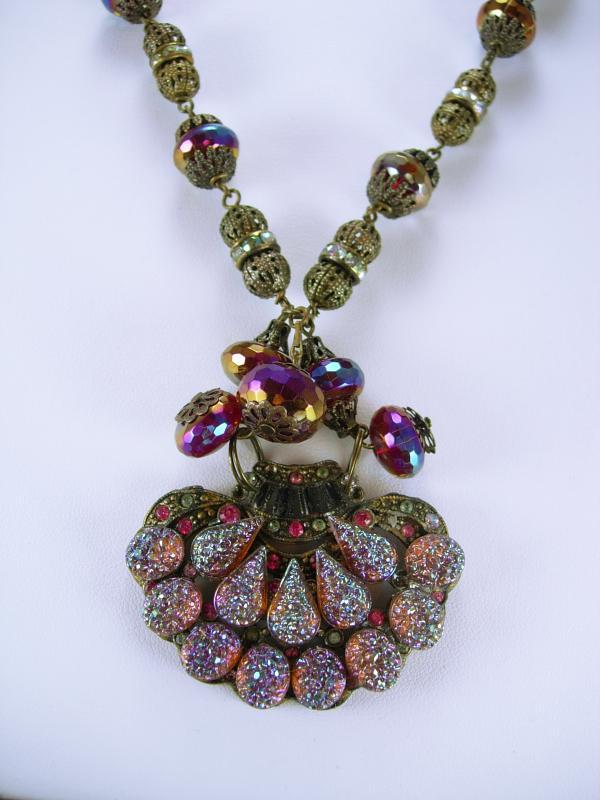 Vintage Lava Glass Filigree Necklace Fire like colors Sugar stones Purple pink Germany clasp rhinestone rondells Peacock colors