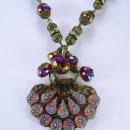 Vintage Lava Glass Filigree Necklace Fire like colors Sugar stones Purple pink Germany clasp rhinestone rondells Peacock colors