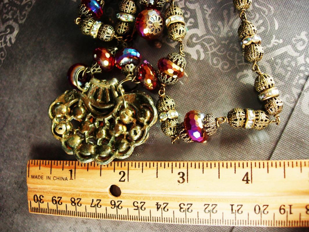 Vintage Lava Glass Filigree Necklace Fire like colors Sugar stones Purple pink Germany clasp rhinestone rondells Peacock colors