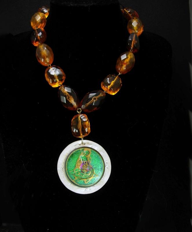 Dreamy Mermaid Goddess necklace Faceted hammered silver glass medallion Drop reversible statement jewelry Nautical delight