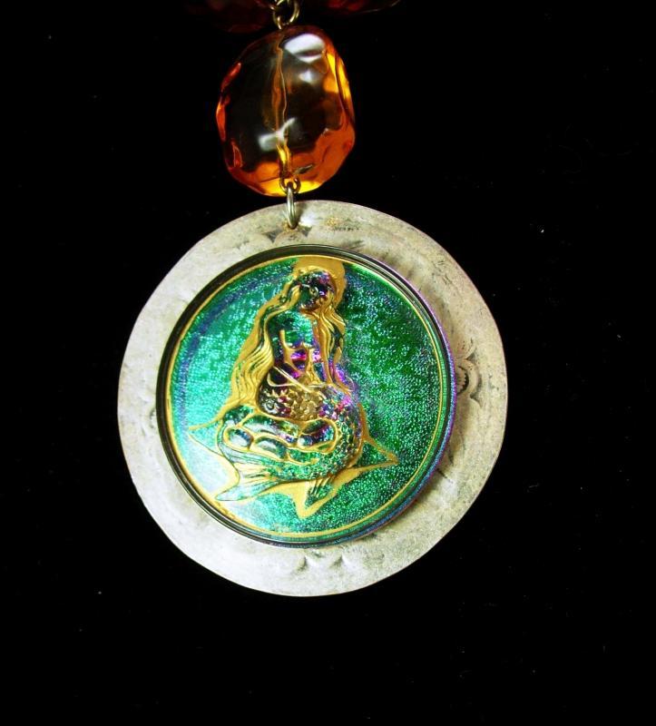 Dreamy Mermaid Goddess necklace Faceted hammered silver glass medallion Drop reversible statement jewelry Nautical delight