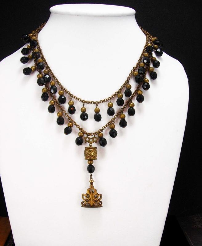 Antique Jet Mourning necklace with festoon drops and antique Lucy Fob chandelier drops double strand vintage jewelry