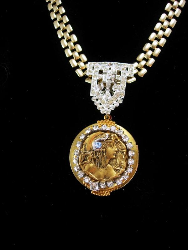 Exotic art nouveau locket Cleopatra vintage bookchain necklace with jeweled snake in her hair