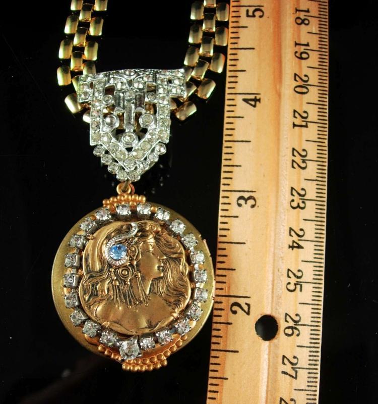 Exotic art nouveau locket Cleopatra vintage bookchain necklace with jeweled snake in her hair