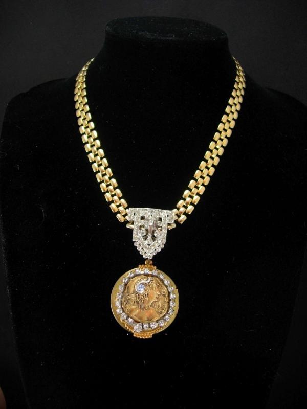 Exotic art nouveau locket Cleopatra vintage bookchain necklace with jeweled snake in her hair