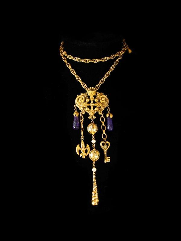 Gothic Vintage chandelier charm necklace and Brooch Enamel and pearls and genuine amethyst.