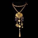 Gothic Vintage chandelier charm necklace and Brooch Enamel and pearls and genuine amethyst.