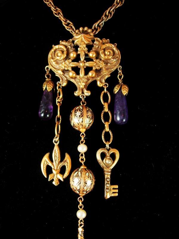 Gothic Vintage chandelier charm necklace and Brooch Enamel and pearls and genuine amethyst.