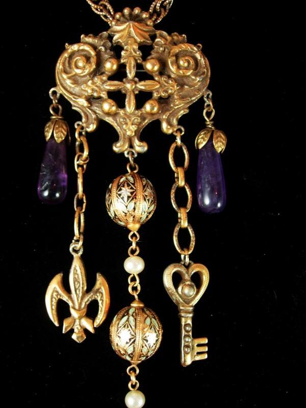 Gothic Vintage chandelier charm necklace and Brooch Enamel and pearls and genuine amethyst.