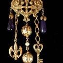 Gothic Vintage chandelier charm necklace and Brooch Enamel and pearls and genuine amethyst.