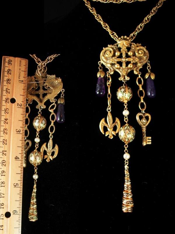Gothic Vintage chandelier charm necklace and Brooch Enamel and pearls and genuine amethyst.