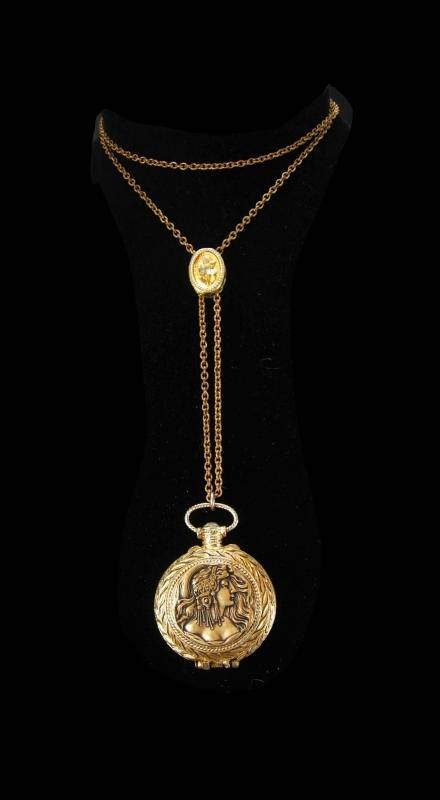 Exotic Mucha Nouveau goddess pocketwatch scent locket on jeweled slide chain