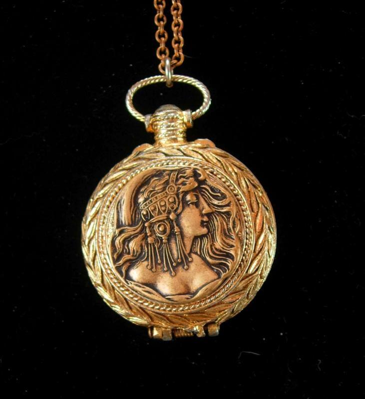 Exotic Mucha Nouveau goddess pocketwatch scent locket on jeweled slide chain