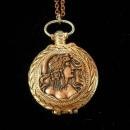 Exotic Mucha Nouveau goddess pocketwatch scent locket on jeweled slide chain
