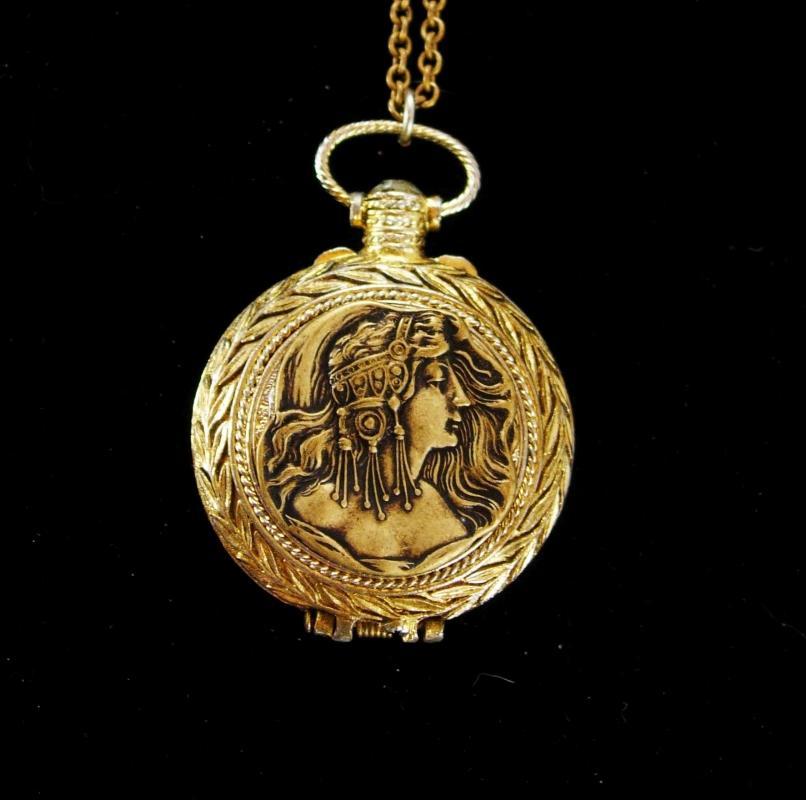 Exotic Mucha Nouveau goddess pocketwatch scent locket on jeweled slide chain
