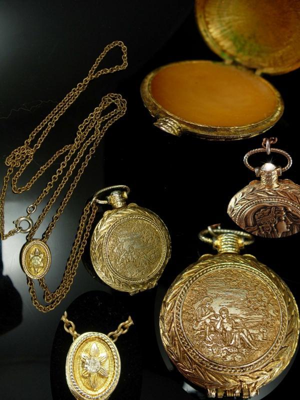 Exotic Mucha Nouveau goddess pocketwatch scent locket on jeweled slide chain