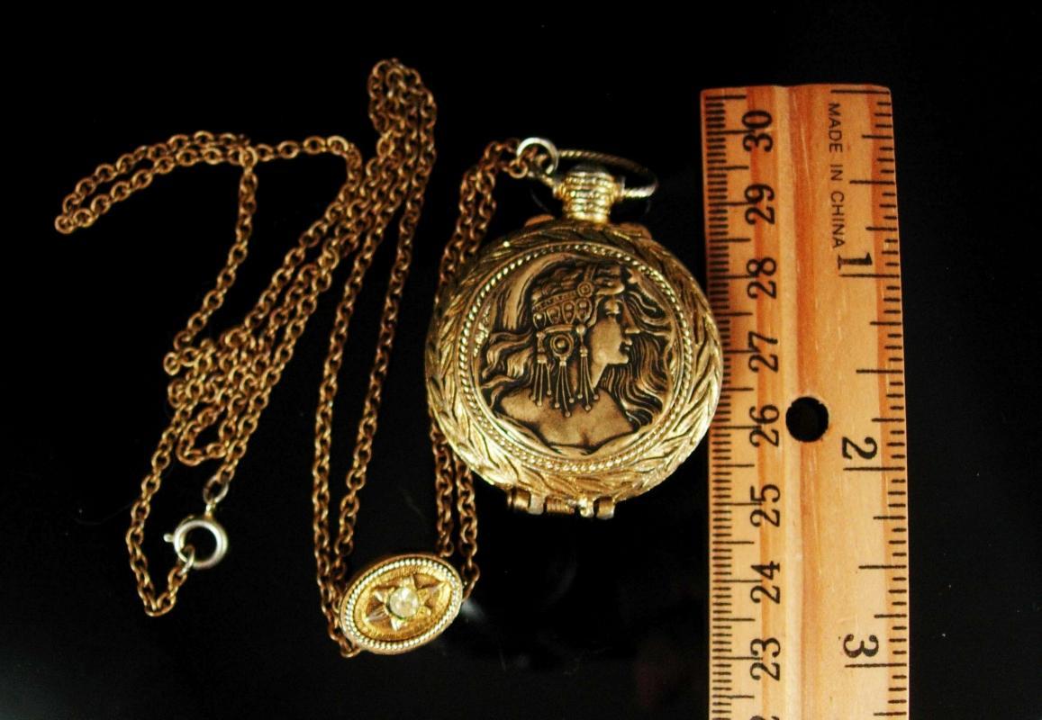Exotic Mucha Nouveau goddess pocketwatch scent locket on jeweled slide chain