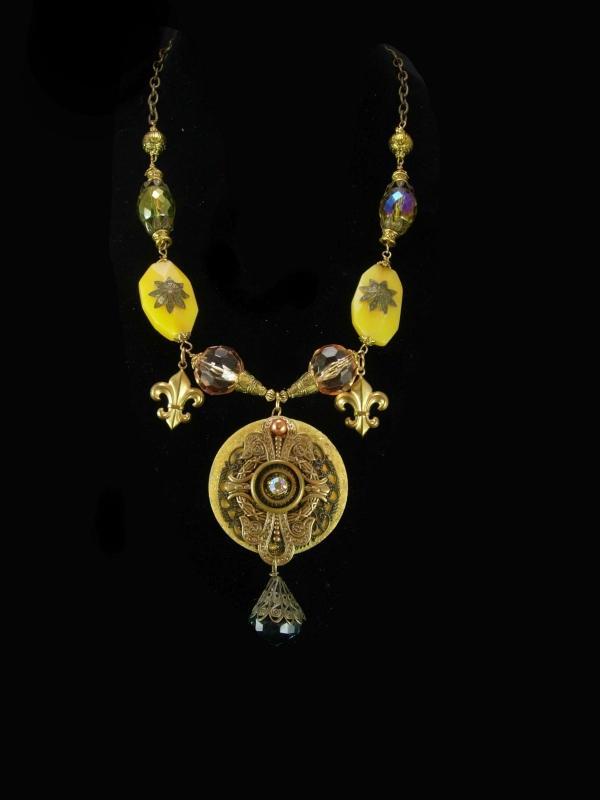 Bohemian Crystal semi PRecious Gothic chandelier OOAK huge DRAMATIC Medallion necklace