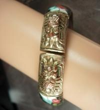 ANTIQUE Bracelet dragon heads flower Enamel Foo dog chinese export figural hand wrought jewelry