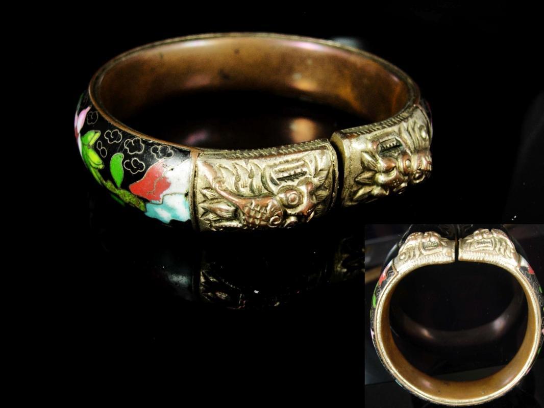 ANTIQUE Bracelet dragon heads flower Enamel Foo dog chinese export figural hand wrought jewelry