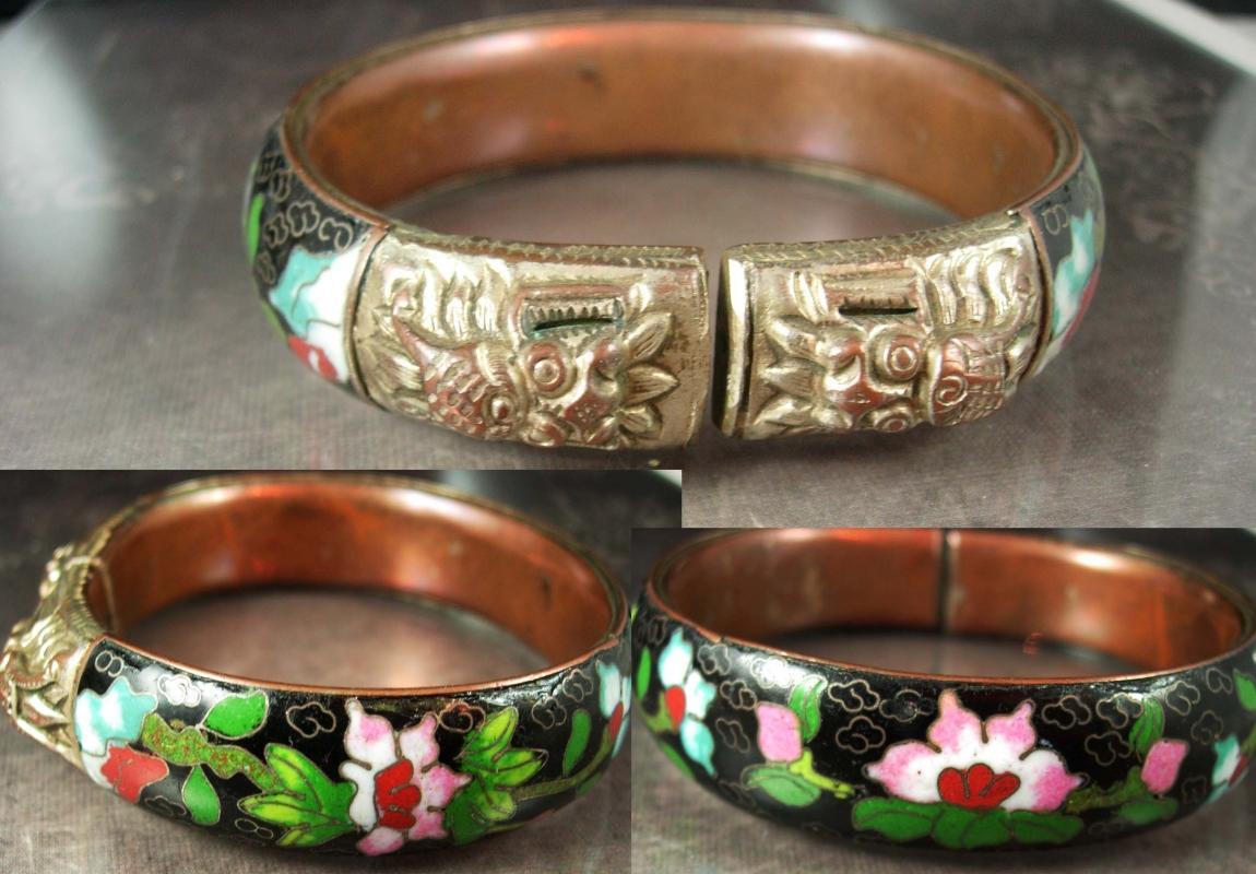 ANTIQUE Bracelet dragon heads flower Enamel Foo dog chinese export figural hand wrought jewelry