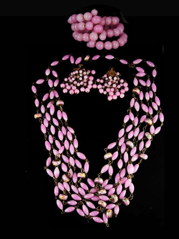 Antique Parure Victorian PINK Czech Blown GLASS necklace and Earrings Bracelet set screw on chandelier drops