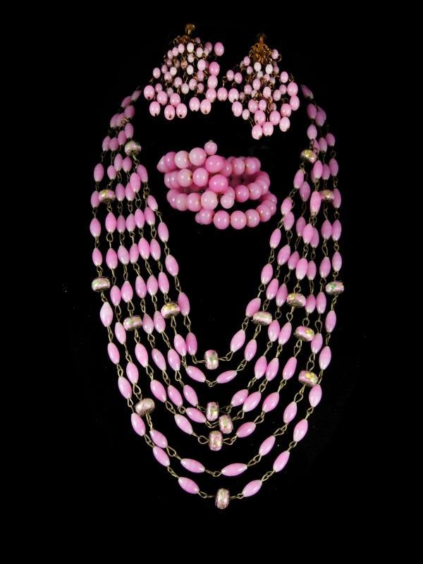 Antique Parure Victorian PINK Czech Blown GLASS necklace and Earrings Bracelet set screw on chandelier drops