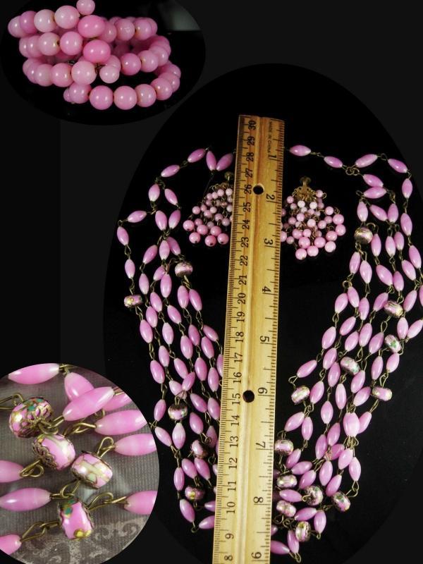 Antique Parure Victorian PINK Czech Blown GLASS necklace and Earrings Bracelet set screw on chandelier drops