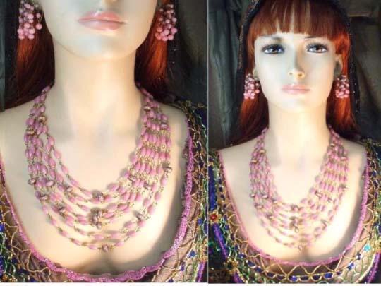 Antique Parure Victorian PINK Czech Blown GLASS necklace and Earrings Bracelet set screw on chandelier drops